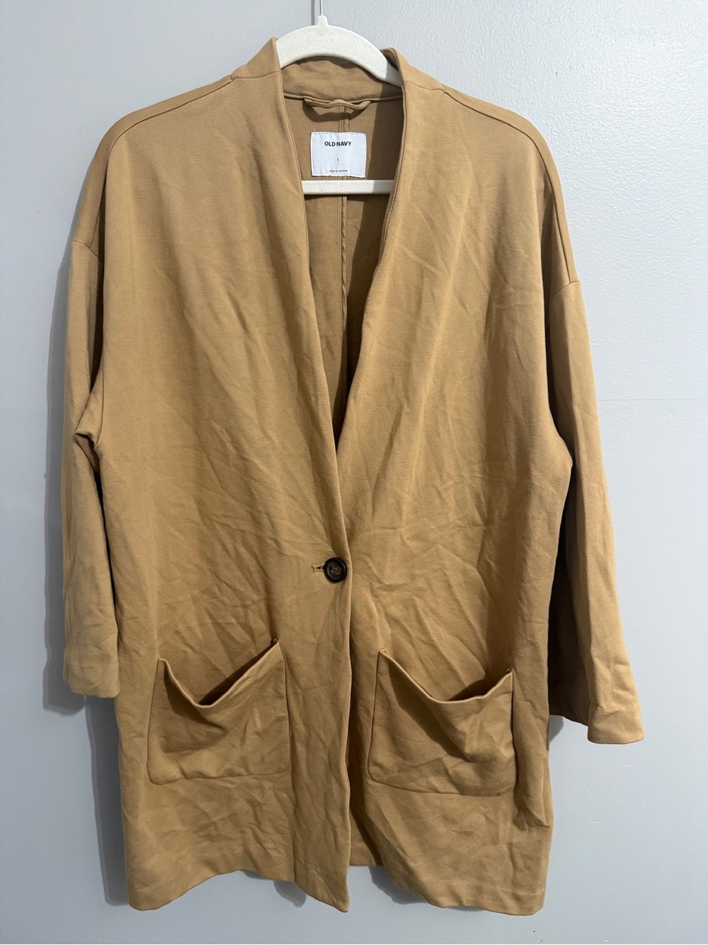 Old Navy Blazer Womens Large Ponte Cocoon One Button Tan Unlined Collarless